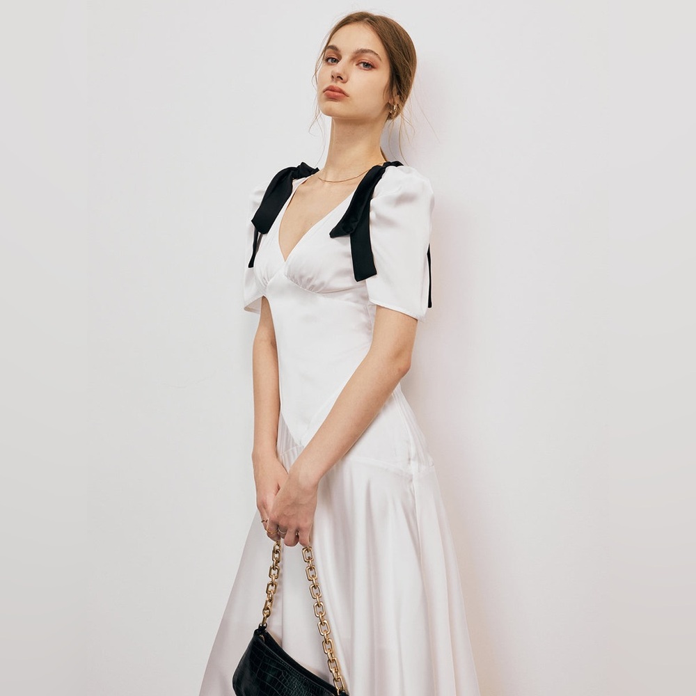 Commense White V-Neck Drop Waist Satin Maxi Dress Black Bows
